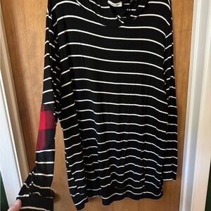 Black and White Striped Long Sleeve Top with Red Elbow Detail